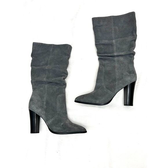 NWOT - Elie Tahari Alanna Grey Suede Mid Calf Slouchy High Block heel Boots - Picture 5 of 9